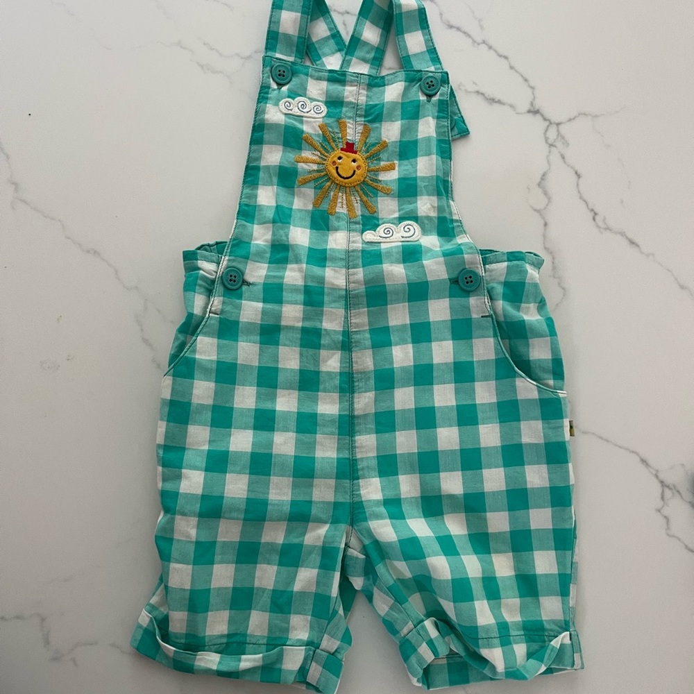 Kids Gingham Sun Applique One-Piece Overalls - Teal/White